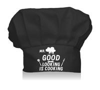 CREATCABIN Chef Hat Cooking Hat Elastic Adjustable Kitchen Baker Chef Cap Reusable Cotton Cap Black Stretch Chef Hat for Men Women Adult Grilling Unisex Baking 9x11.8Inch-Mr.Good Looking Is Cooking
