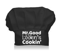 CREATCABIN Chef Hat Mr.Good Lookin's Cookin' Adult Adjustable Custom Cotton Chef Cap Elastic Baker Kitchen Catering Wear Crown Cooking Hat for Women Men Grilling Baking BBQ Chef Gift Black 11.8x9Inch