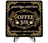 CREATCABIN Coffee Bar Sign Plaque Coffee Corner Sign Decor Wooden Black Square 5.9 x 5.9 Inch Rustic Vintage Easel Tabletop Display Stand Accessories for Farmhouse Cafe Tea Corner Store DIY Decoration