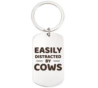 CREATCABIN Cow Keychain Keepsake Key Ring Memorial Charm Pendant Words Engraving Stainless Steel Keychain Long Distance Friendship Gifts for Women Teacher Nurse 1x2Inch-Easily Distracted by Cows