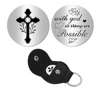 CREATCABIN Cross Pocket Hug Token Long Distance Relationship Keepsake Keychain Bible Verses Stainless Steel Double Sided Coin with PU Leather Clip Keychain for Christians Inspirational Gift 1.2Inch