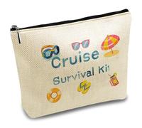 CREATCABIN Cruise Survival Kit Makeup Bags Polycotton Cosmetic Bag Multi Purpose Pencil Case with Metal Zipper Bag Organizer Toiletry Travel Purse Pouches Makeup Gift for Women Beach Vacation 10x7Inch