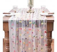 CREATCABIN Daisy Floral Table Runner Embroidered Tulle Table Runner White Polyester Flower Gauze Seasonal Fall Kitchen Dining Decoration Tablecloth for Holiday Wedding Home Party 9.8ft x 28.3in