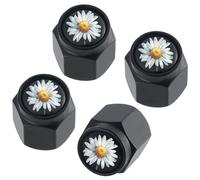 CREATCABIN Daisy Flower Car Tire Valve Caps 4pcs Wheel Valve Covers Hexagon Tires Air Covers With Spanner Wheel Leak Proof Air Protection Caps Universal for Car Suvs Motorcycles Bike 0.43×0.47in Black