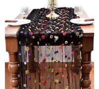 CREATCABIN Daisy Flower Table Runner Black Embroidery Table Runner Polyester Floral Gauze Tulle Seasonal Fall Kitchen Dining Decoration Tablecloth for Holiday Wedding Home Party 9.8ft x 28.3in