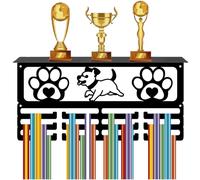 CREATCABIN Dog Medal Holder Sports Medals Hanger Paw Print Design Trophy Display Shelf with 12 Hooks Awards Ribbon Organizer Metal Iron Black Rack Frame Wall Mount for Hanging 60+ Medals 15.7x8x4inch