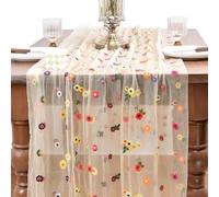 CREATCABIN Embroidered Daisy Table Runner Beige Tulle Table Runner Polyester Flower Floral Gauze Seasonal Fall Kitchen Dining Decoration Tablecloth for Holiday Wedding Home Party 9.8ft x 28.3in