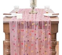 CREATCABIN Embroidery Daisy Fall Table Runner Pink Tulle Table Runner Polyester Flower Gauze Seasonal Fall Kitchen Dining Decoration Tablecloth for Holiday Wedding Home Parties 9.8ft x 28.3in