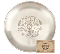 CREATCABIN Evil Eye Offering Bowl Altar Ritual Plate Dish Stainless Steel Silvery Flat Bowl Round Jewelry Tray Tarot Plate Ring Holder Trinket with Card for Smudging Decoration 5.55Inch