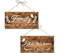 CREATCABIN Family Where Life Begins and Love Never Ends Sign Bless This Home and All Who Enter Door Sign with Jute Twine Rustic Wooden Plaque for Front Door Porch Farmhouse Decorations 12x6Inch