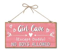 CREATCABIN Female Cave Sign Pink Hanging Wood Sign Wooden Waterproof Printing Lady Women No Men Allowed Except Father Wall Door Decor Signs with Jute Twine for Home Bedroom Home Supplies 6 x 12 Inch