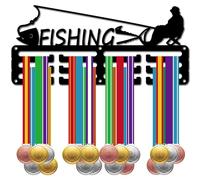 CREATCABIN Fishing Medal Holder Display Medal Hanger Rack Metal Hooks Wall Mount Iron Small Frame Sports Medal Hangers Organizer for Hanging Over 40 Medals Awards Angling Medalist 11.4 x 5.1Inch Black