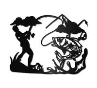 CREATCABIN Fishing Metal Wall Art Decor Fish Black Wall Signs Iron Hanging Metal Ornament Wall Sculpture Gift for Home Office Balcony Garden Living Room Kitchen Decoration Christmas 11.8x9.1Inch
