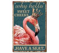 CREATCABIN Flamingo Vintage Sign Metal Tin Sign Wall Art Decor Why Hello Sweet Cheeks Retro Painting Poster Plaque Decor for Bathroom Kitchen Cafe Wall Halloween 12 x 8 Inch