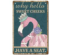 CREATCABIN Flamingo Why Hello Sweet Cheeks Sign Vintage Tin Signs Funny Metal Tin Sign Wall Art Garden House Plaque for Bathroom Kitchen Cafe Wall Halloween Christmas Decor, 8 x 12 Inch