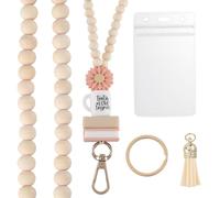 CREATCABIN Flower Bead Lanyard Wood Beaded Lanyard Beige Wooden Boho Silicone Daisy Floral Coffee Book Teacher Breakaway Tassel Clasp Chain with ID Badges Holder for Keychain Women Accessories 21 Inch
