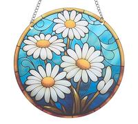 CREATCABIN Flower Suncatcher Stained Glass Window Hangings Acrylic Window Suncatcher Panel Decor White Blue Flower Wall Art Stained Glass Sun Catcher for Windows Hangings Ornament Gift 6x6Inch