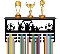 CREATCABIN Football Medal Hanger Display Trophy Shelf Soccer Medal Holder with Shelf Stand Sports 4 Rows Metal Hanging Wall Mount Hold 70+ Medals for Competition Ribbon Medals Rack Black 15.7x7.9Inch