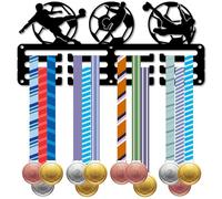 CREATCABIN Football Medal Holder Small Medal Rack Soccer Sports Awards Ribbons Hanger Display with 3 Rows 12 Hooks Metal Wall Mounted Decor for Hanging 40 Medals Race Men Women Medalists 11.4x5.1 Inch