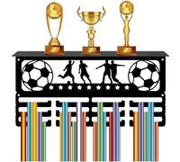CREATCABIN Football Medal Holder Sports Medal Hanger Display with Trophy Shelf Awards Ribbon Organization Hooks Metal Rack Wall Mount Hold 60+ Medals for Soccer Athletes Players Race 15.7x8x4 Inch