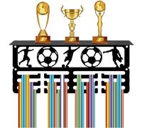CREATCABIN Football Trophy Shelf Medal Display Shelf with 12 Hooks Medal Hanger Display Sports Wall Mount Stand Black Trophy Holder Medal Organizer Rack for Women Gymnastics Awards 11.4x5x4Inch