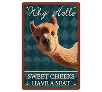 CREATCABIN Funny Bathroom Quote Metal Tin Sign Vintage Why Hello Sweet Cheeks Have A Seat Sign Alpaca Tin Sign for Home Bar Pub Cafe Bathroom Kitchen Living Room Poster Plaque Wall Decor, 8 x 12 Inch