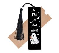 CREATCABIN Ghost Book Marker Halloween Bookmarks Black Acrylic Rectangle Holiday Ghosts Flowers Bats Spooky Decoration Book Mark with Tassel for Reading Bookish Teachers Students 4.6 x 1.3 Inch