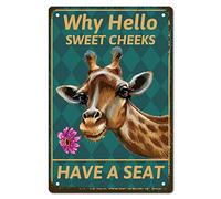 CREATCABIN Giraffe Metal Tin Sign Why Hello Sweet Cheeks Sign Vintage Funny Animals Metal Poster Wall Art Garden House Plaque for Bathroom Kitchen Cafe Wall Halloween Christmas Decor, 8 x 12 Inch