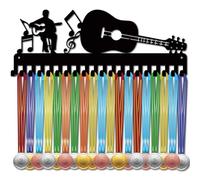 CREATCABIN Guitar Medal Holder Medal Hanger Display Hangers Music Rack Sports Metal Hanging Athlete Awards Iron Wall Mount Decor with 20 Hooks for Wall Competition Ribbon Guitar Black 15.7 x 5.9 Inch