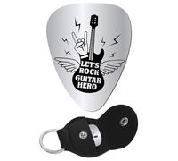 CREATCABIN Guitar Pick Inspirational Gifts Let's Rock Guitar Hero Engraved Stainless Steel Bass Acoustic Electric Rock Picks with PU Leather Holder Keychain Pouch Guitar Plectrums for Music 1.26x1in