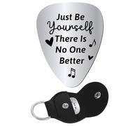 CREATCABIN Guitar Plectrums Picks Just Be Yourself There Is No One Better Engraved Stainless Steel Music Pick with Leather Keychain Pouch for Acoustic Electric Rock Bass Musician Gifts 1.26 x 1 inch