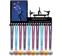 CREATCABIN Gymnastics Medal Hanger Display Medals Holder Rack with Photo Frame Metal Sports Hanging Athlete Awards Wall Mount with 20 Hooks for Football Competition Ribbon Medals Black 16.5x9.8Inch