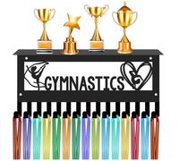 CREATCABIN Gymnastics Medal Holder With Shelf - Sports Trophy Hanger Display Rack Wall Mount Frame Decor - Metal Hooks for Hanging Medals, Ribbons - Dancer Athlete Medalist - 11.8 x 5.1Inch Black