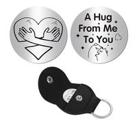CREATCABIN Hand Heart Pocket Hug Token Long Distance Relationship Keepsake Keychain Stainless Double Sided Coin with Leather Clip Keychain for Friends Family Inspirational 1.2Inch-A Hug From Me To You