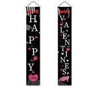 CREATCABIN Happy Valentine's Day Porch Sign Love Heart Hanging Banner Wall Decor Romantic Flags Welcome Banners for Holiday Home Fireplace Indoor Outdoor Garden Party Decor 11.8 x 70.8inch (Black)