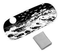 CREATCABIN Hard Shell Sunglasses Cases Leather Glasses Case Eyeglass Holder Portable Travel Spectacle Storage Pouch Clamshell Protective Cover Cleaning Cloth for Women Men Sea Wave 6.4x2.5x1.5 Inch