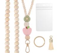 CREATCABIN Heart Bead Teacher Lanyard Wood Beaded Lanyard Beige Wooden Boho Silicone Flower Book Apples Breakaway Keychain Tassel Clasp Chain with ID Badges Holder for Keys Women Supplies 21 Inch