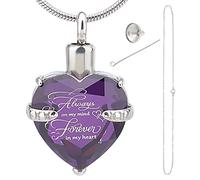 CREATCABIN Heart Cremation Urn Necklace for Ash Birthstone Crystal Memorial Keepsake Pendant Always on My Mind Forever in My Heart Ash Holder Stainless Steel Waterproof with Fill Kit(February-Purple)