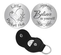 CREATCABIN Heart Little Pocket Hug Token Leather Keychain Pocket Hug Token Keychain Double-Sided Message Engraved Souvenir Round Stainless Steel Commemorative Coin, 1.2x1.2 Inch