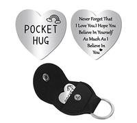 CREATCABIN Heart Pocket Hug Token Long Distance Relationship Keepsake Keychain Stainless Steel Double Sided with Leather Keychain Gift for Family Friends Girlfriend Daughter Son 1 Inch-I Love You
