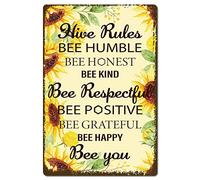 CREATCABIN Hive Rules Bee Happy Metal Tin Sign Retro Vintage Funny Wall Decor Art Mural Hanging Iron Painting for Home Garden Bar Pub Kitchen Living Room Office Garage Poster Plaque 8 x 12 Inch