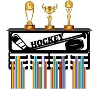 CREATCABIN Hockey Medal Holder Trophy Shelf Display with 12 Hooks Sports Black Medals Display with Shelf Awards Medal Hanger Rack for Hanging 60+ Medals Wall Mounted Medalists 15.7x8x4Inch