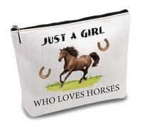 CREATCABIN Horses Makeup Bag Travel Toiletry Pouch Canvas Cosmetic Bag Zipper Purse CowLady Equestrian Inspirational Gift for Animal Lovers Just A Women Who Loves Horses 7×10inch