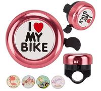 CREATCABIN I Love My Bike Bicycle Bell Aluminum Alloy Bike Bells Ring Round Pink Loud Sound Cycling Handlebars Bells with 4Pcs Resin Stickers for Road Mountain Bike Adults Bicycle Accessories 2x2Inch