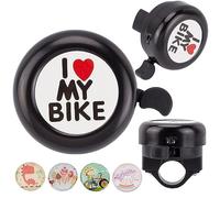CREATCABIN I Love My Bike Bicycle Bell Classic Aluminum Bike Bells Ring Loud Crisp Sound Cycling Bell Small Black Handlebars Bells with 4Pcs Resin Stickers for Road Mountain Bike Accessories 2x2Inch