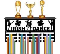 CREATCABIN Irish Dance Medal Hanger Sports Trophy Shelf Display with 12 Hooks Clover Pattern Awards Metal Medal Holder for Wall Mount Hanging 60+ Medals Rack with Shelf for Award Athletes 15.7x8x4Inch