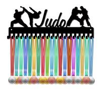 CREATCABIN Judo Medal Hanger Medal Holder Display Sports Awards Ribbons Organizer with Hooks Metal Black Rack Mounted for Wall Hanging 20+ Medals Race Soccer Players Athletes Medalists 15.7 x 5.9Inch
