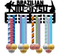 CREATCABIN Jujitsu Medal Display Brazilian Jiu Jitsu Medal Holder 3 Lines 12 Hooks Sports Awards Hanger Rack Wall Mounted Home Decor for Athlete Player Race Winner Ribbon Organizer Black 11.4x5.1 Inch
