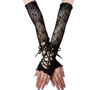 CREATCABIN Lace Fingerless Gloves Long Mesh Lolita Gothic Tulle Womens Elbow Length Punk Fingerless Lace Up Gloves Arm Warmer Sleeves for Wedding Opera Prom Halloween Party Black 20.3 x 3.4 Inch