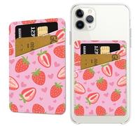 CREATCABIN Leather Phone Card Holder Cell Phone Adhesive Card Holders PU Leather Pink Strawberry Pattern Stick on Storage Wallet Sleeve Pocket Pouch Compatible for Most Mobilephone 3.7 x 2.6 Inch